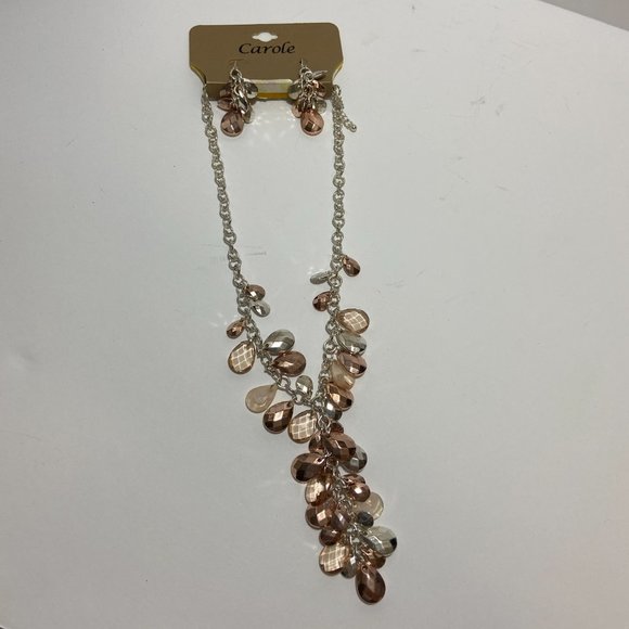 Fun Fashion Necklace Earring set new Rose Gold Silver tone tear drop beads - Picture 5 of 6